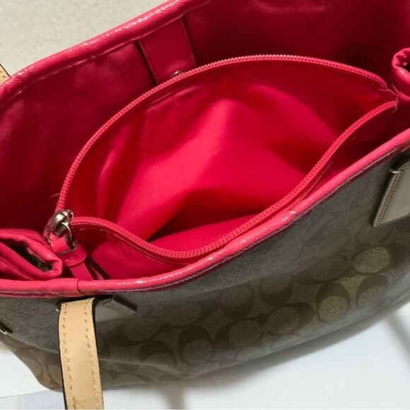 Coach Signature Bag F29084 Carryall Large Tote Drawstring Khaki Pomegranate Brow - Picture 12 of 14